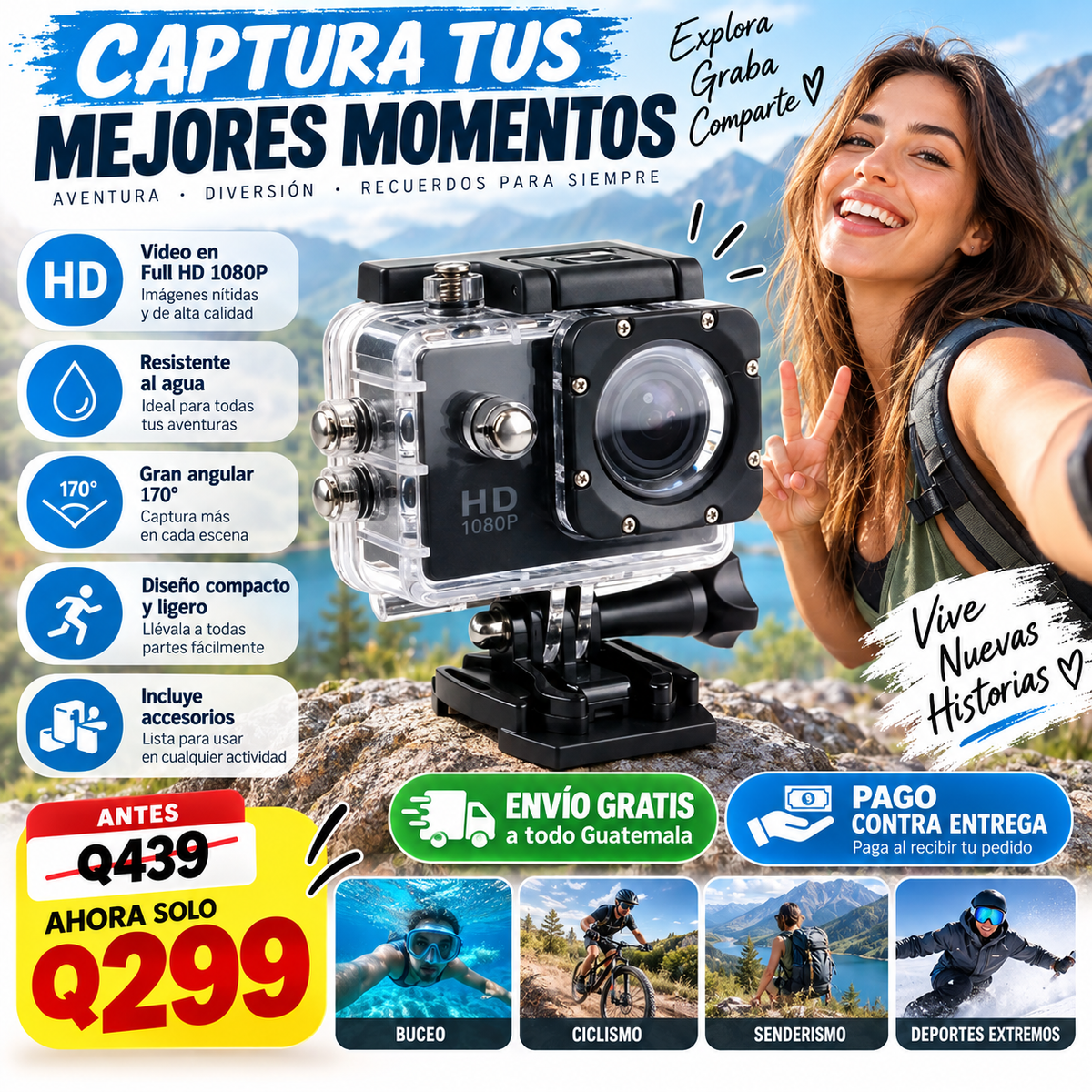 📸 Cámara HD – Captura Cada Aventura 🌊🏔️